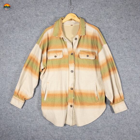 Free People Button Front Shacket Beige Green Ombre Stripes Cottage Women's Sz XL - Picture 1 of 13